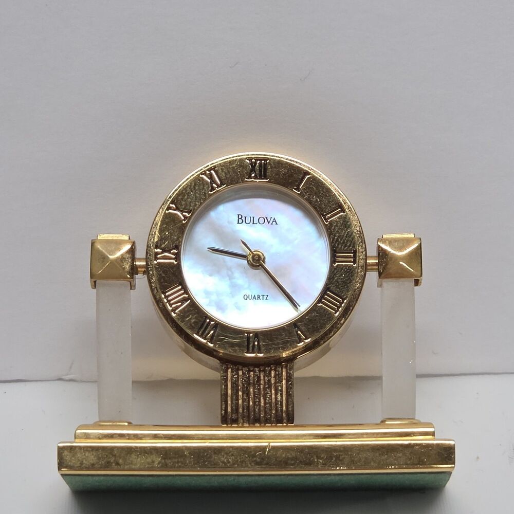 Vintage Bulova Miniature Clock Gold Tone Metal Mother Of Pearl NEEDS BATTERY